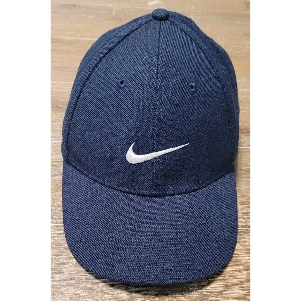 Vintage Nike Navy Blue Hat Cap Strap Back Swoosh Gray Tag Y2K Wool Blend